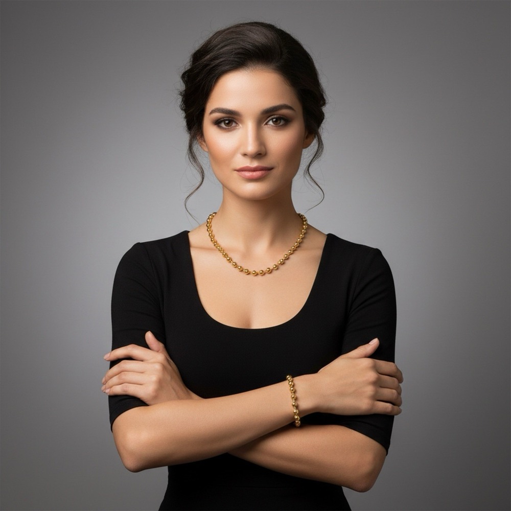 (.4.47)18k Gold Titanium Steel 6 Mm Ball Bead Necklace Set Waterproof For Girls